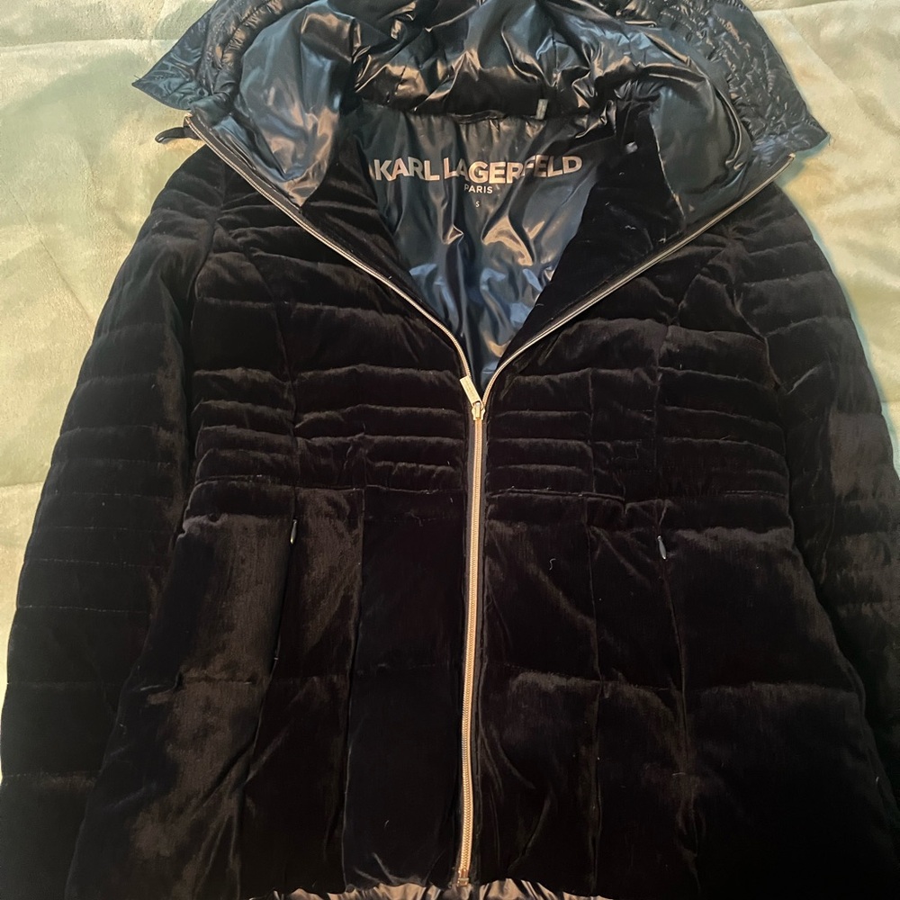 Karl Lagerfeld Women's Dark Navy Velvet Puffer Down Coat